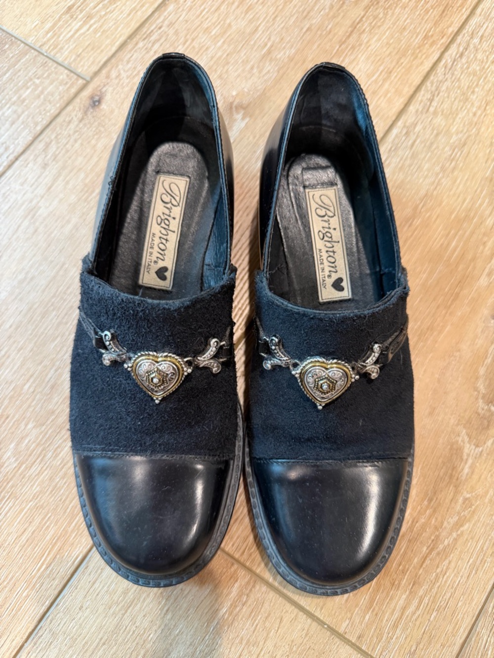 Brighton Black Leather and Suede Loafers with Heart Medallions size 6